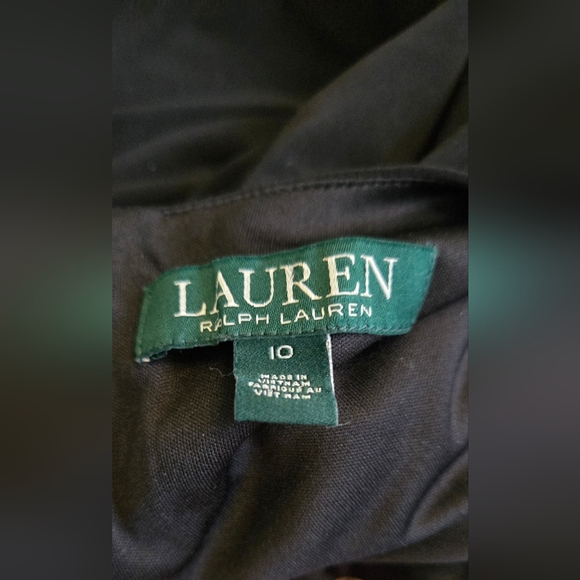 Lauren R.L. black stretch side-rouched midi dress flutter-sleeve w/white sz 10 - Picture 8 of 9